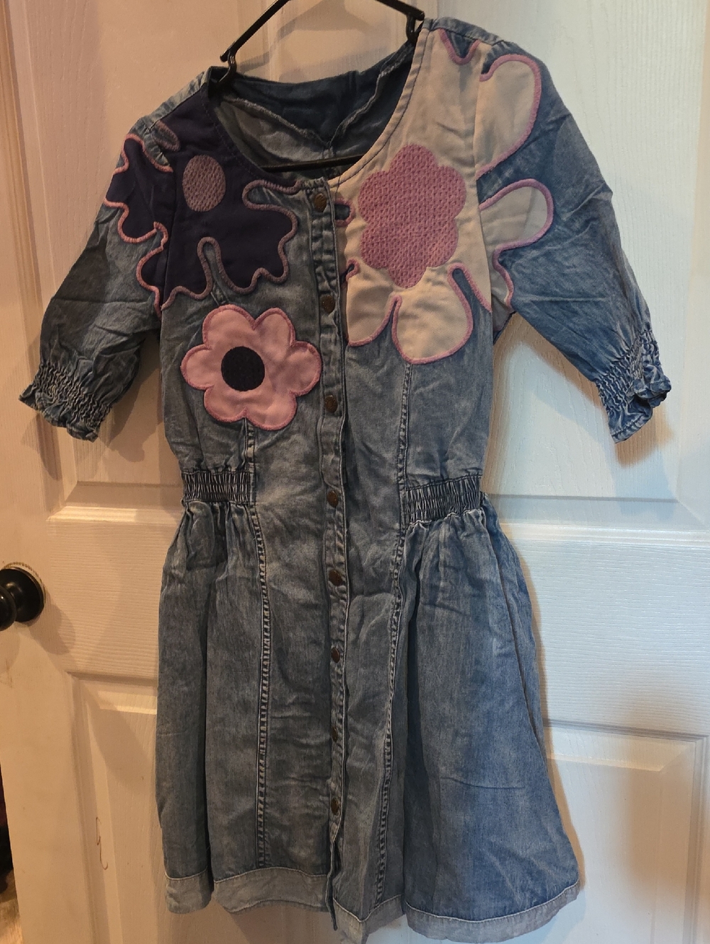 Vintage Denim Button-Front Dress with Pink & Purple Flower Appliqués